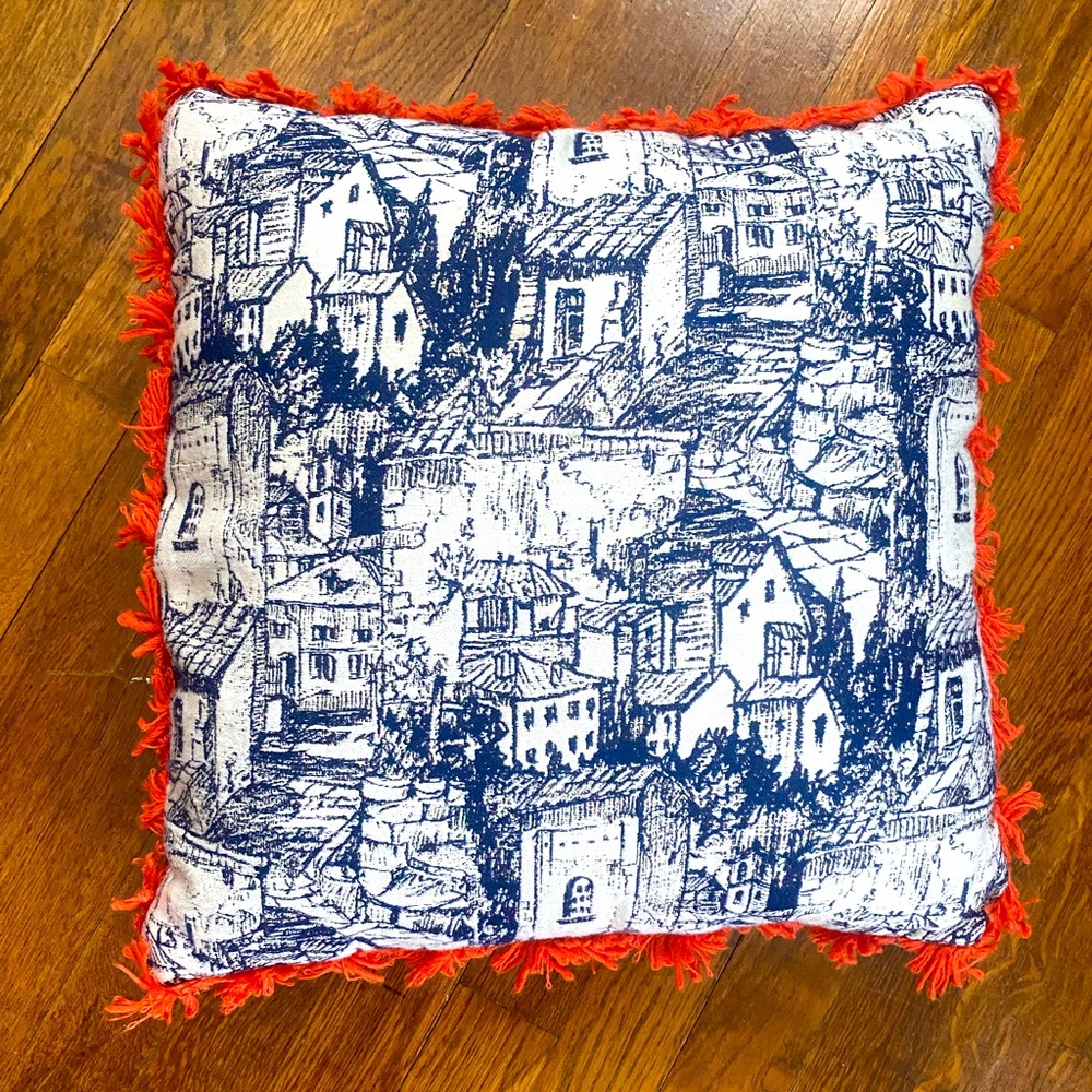 Frontgate 17x17” Decorative Pillow Blue Orange Village Cityscape